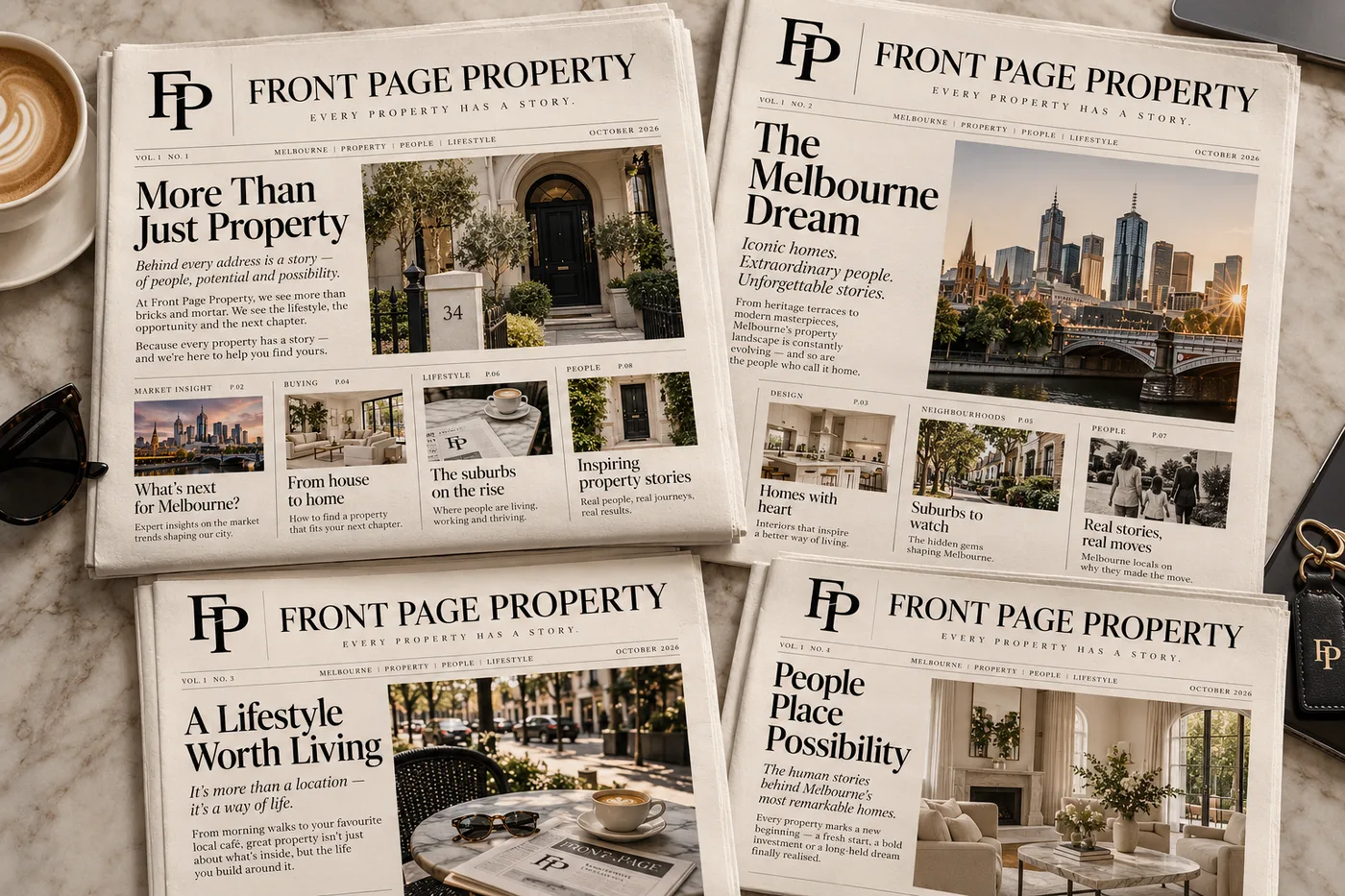 Front Page Property newspapers featuring Melbourne homes, streets and city stories